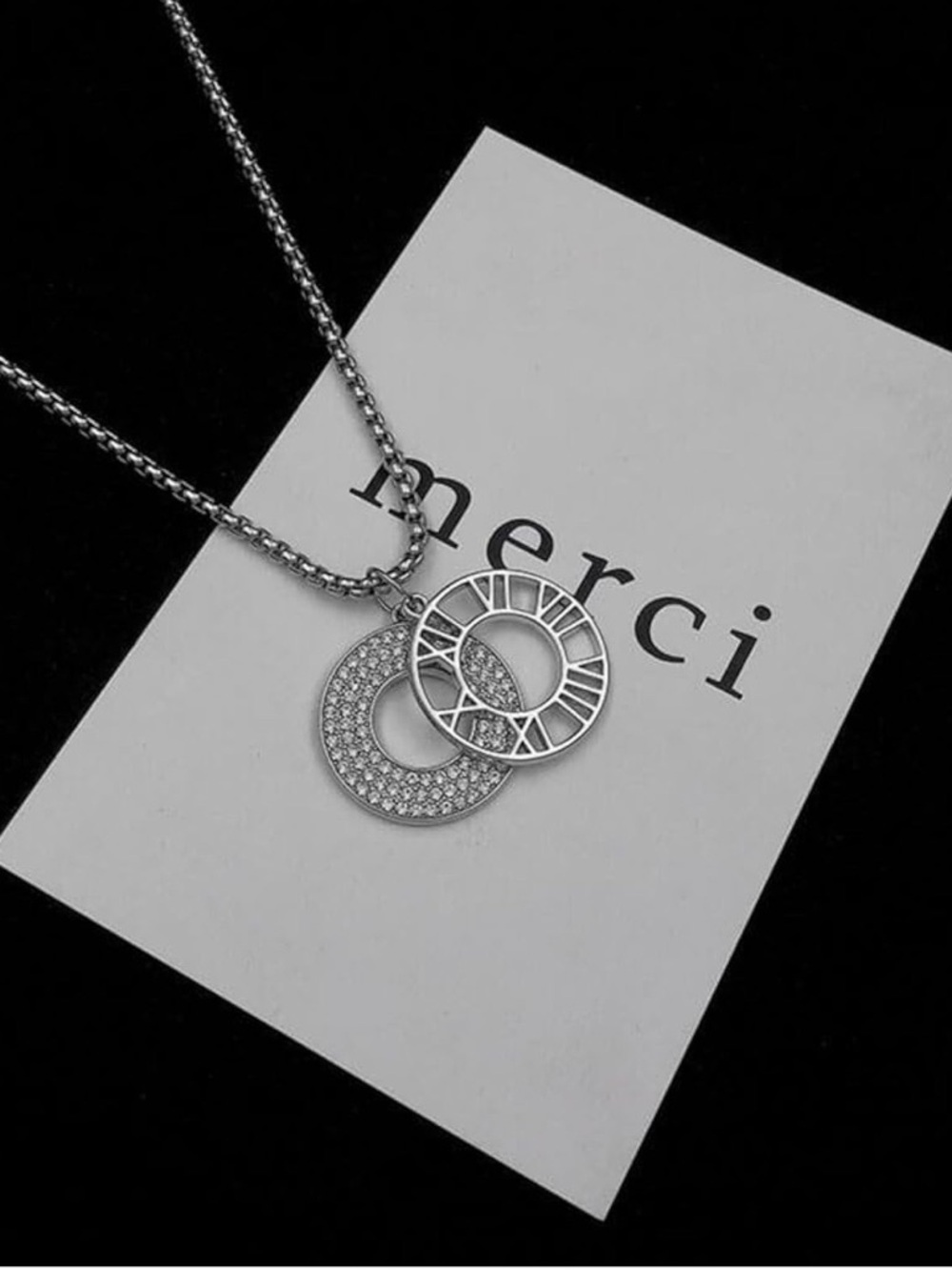 Silver Double Circle Pendant Necklace - Paved Crystal & Roman Dial